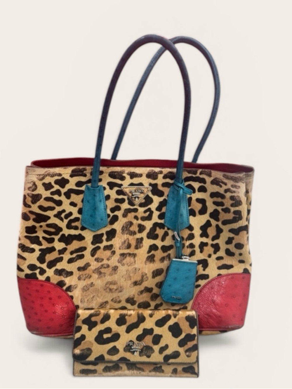 Prada Leopard Haircalf Tote Bag + Wallet Set Teal Red Rare Colorblock Authentic - Picture 3 of 14